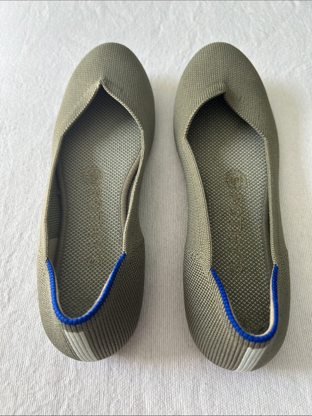 Rothy's Olive Green Knit Slip-On Flats with Blue Accent